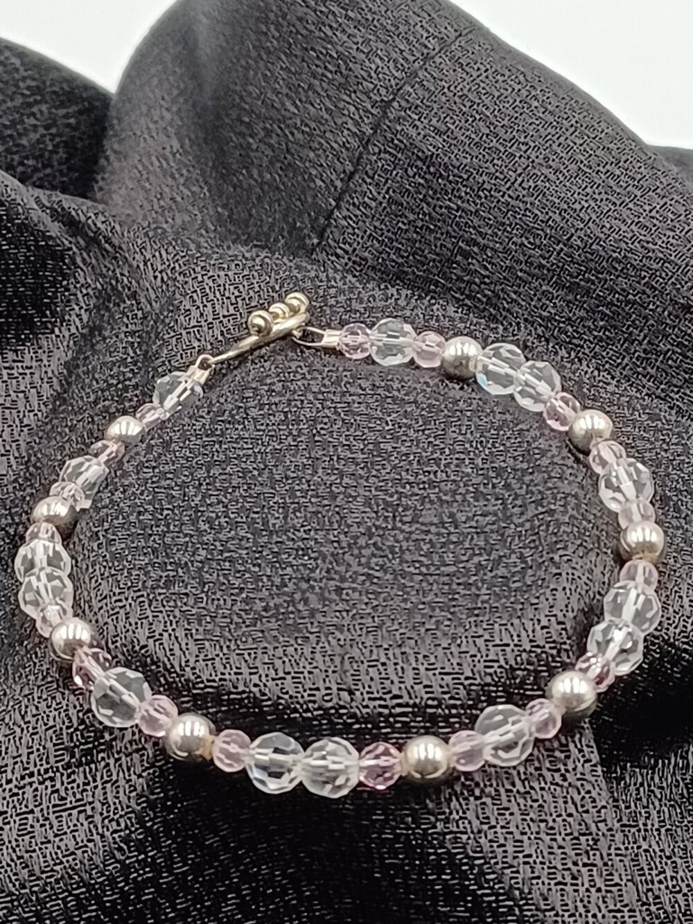Bracelet Pink Clear Round Luster Glass and Silver Seed Beads 7 1/2 inch